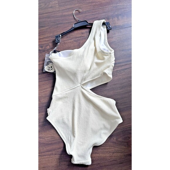MICHAEL Michael Kors Women's Ribbed One-Shoulder Side-Cutout Swimsuit Ivory 14 - Picture 8 of 10